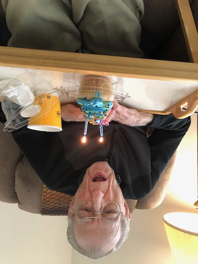 Charles turned 90 on 3/24 – the retirement community he is in was closed to outside visitors.  His family wanted him to have a special day even though they couldn’t be with him.  They hired us to spend 3 hours with him celebrating with food, cake, reading his cards and FaceTime to several members of his family.